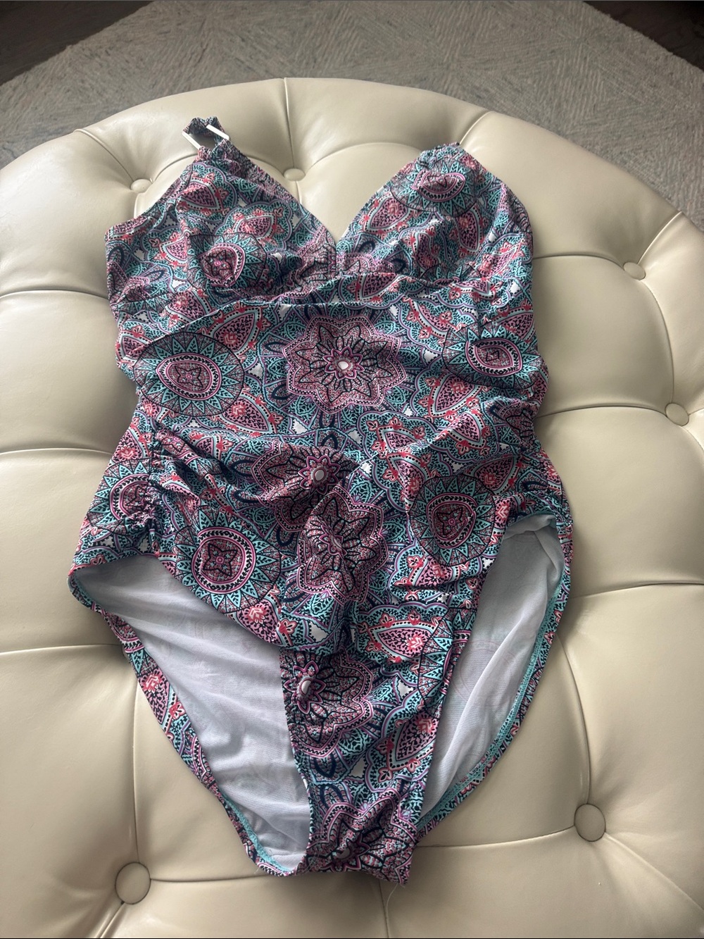 Womens Pink & Teal Paisley One-Piece Swimsuit